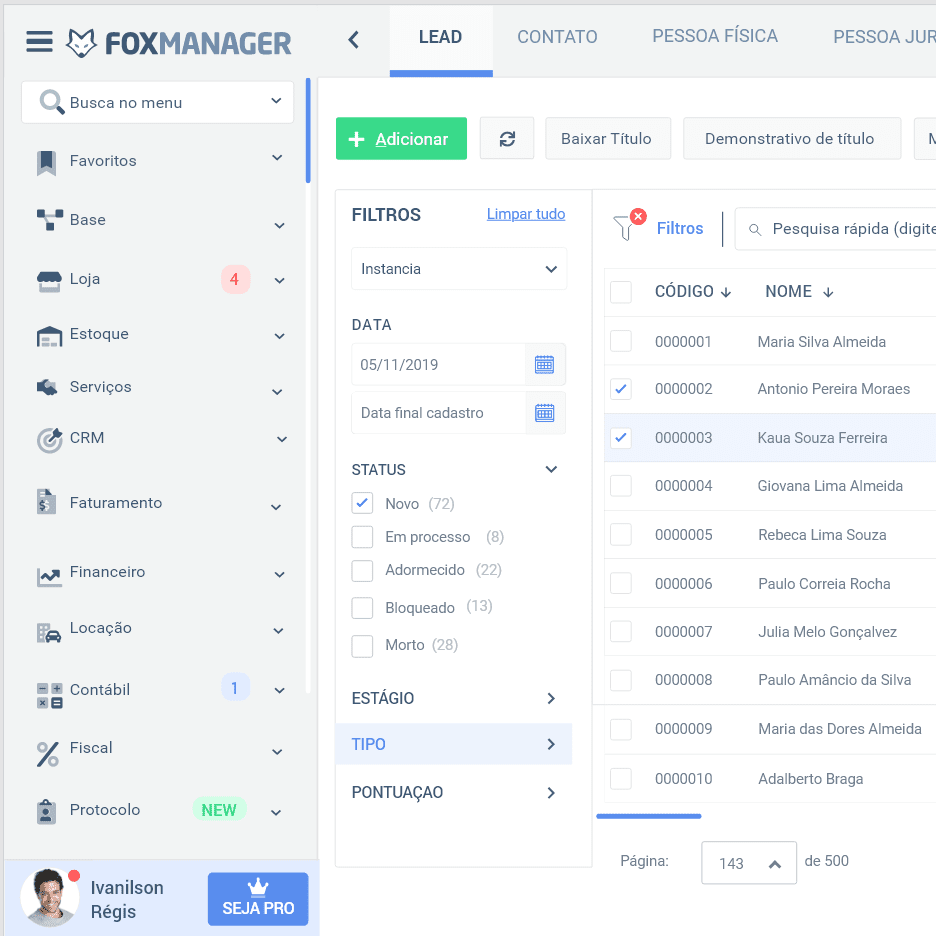 Tela do FoxManager com filtros e dados de clientes